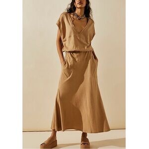 Free People Beach Tan Marlow V-Neck Midi Dress Size XS Lagenlook Coastal Resort
